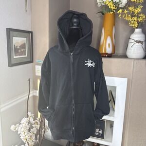 Stussy Hoodie Zip Up Men's Medium Classic Logo Black Skater No String Hood